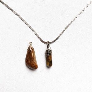 925 Stamped Chain and Two Brown Stone Pendants Necklace Bundle Tiger Eye
